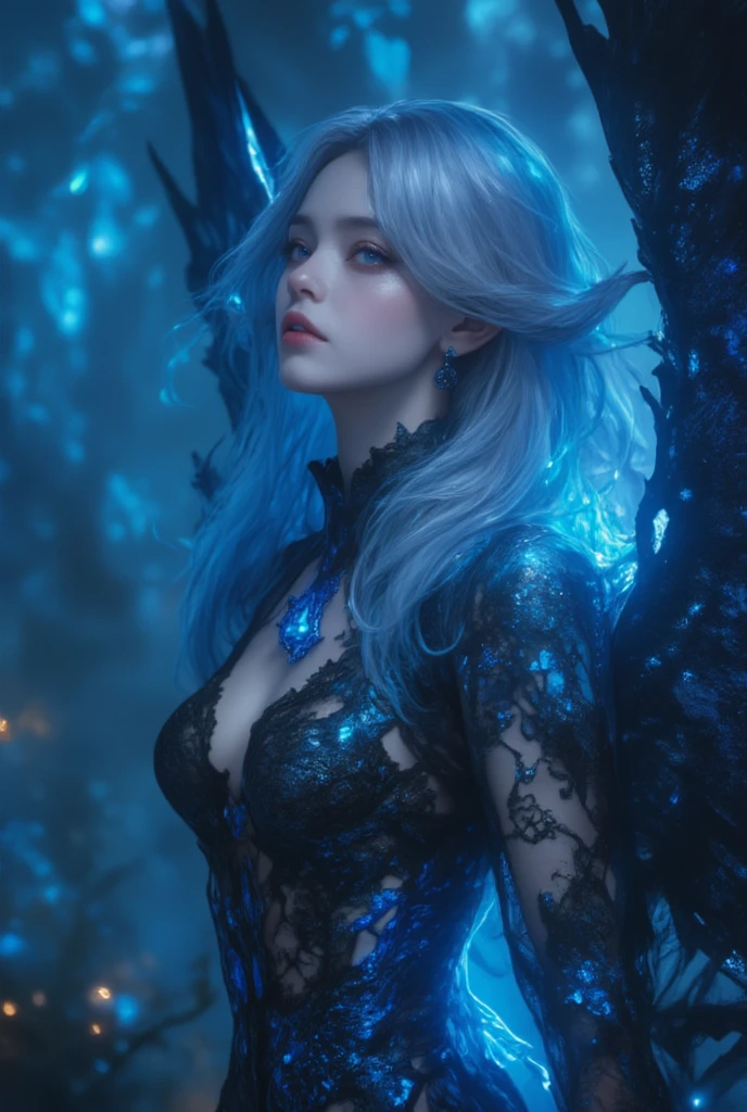 A Masterpiece、BEST QUALITY、pink hair、Blue lightning、lifelike、realistic details、highdetail。blue clothes。Blue thunder。Blue Crystal。Black suspended particles。Black smoke。Black crystals around。Black smoke wafting around。Warping the body。warping the body。Horns。Darkness。Yami Ochi。laughter。shorthair。
a 1girl, beautiody, Seductive face,, fine skin, anicos_No one,, short hair, navel out, Detached sleeves, Bare Shoulders, Central opening, between breasts,easts, Hair ch long feathers, Blue hair ornament, thigh highs,Watch your audience,Isekai、Mini skirt、Yami Ochi。seduction。Brainkill。sexypose。Twintails。Opeour mouth wide。tattooed。demon tail。Drool。wide open mouth。Drooling from the mouth。Gold pattern on chest。Painful look。Long velo。long tongue。Luminous tattoo。Luminescent tattoos。closing eyes。long lashes。