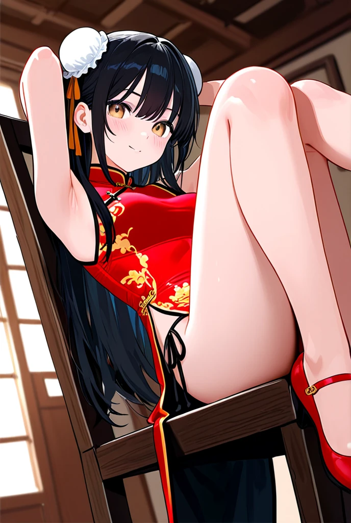 photorealistic, seductive asian royal sister, luxurious tight mini chinese dress, (on a sofa, spread legs and lift up skirt and show off detailed sexy panties), (perfect anatomy), 8k, raw photograph, best quality, masterpiece, (detailed character), detailed anime face, full body concept, center of screen, stiletto heel, luxurious jewelrys, chinese tiara, hair ornaments, large presence earring, bracelets, anklets, trinkets, red eyes, high long twintails, smoky makeup, eyeshadow, heavy makeup, sexual temptation, sexual suggestiveness, seductive smile, oriental style, lamp lights, lens flare, film grain