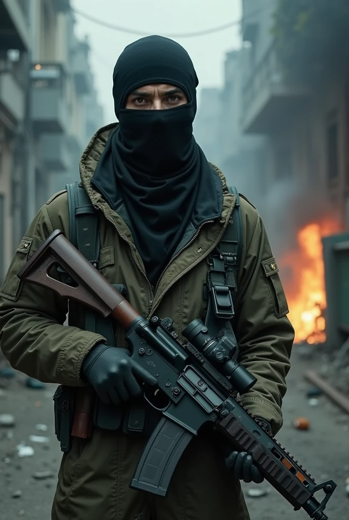 Terrorism concept, Terrorist silhouette on the background of the city in smoke, Photography::4 well lit, sharp focus, high quality photography, artistic, unique and award-winning, Canon EOS 5D Mark IV DSLR, f/8, ISO 100, 1/ 250 second, close-up, natural light, professional, flattering, headshot, glibatree style::3 grainy, distorted, watermark::-2