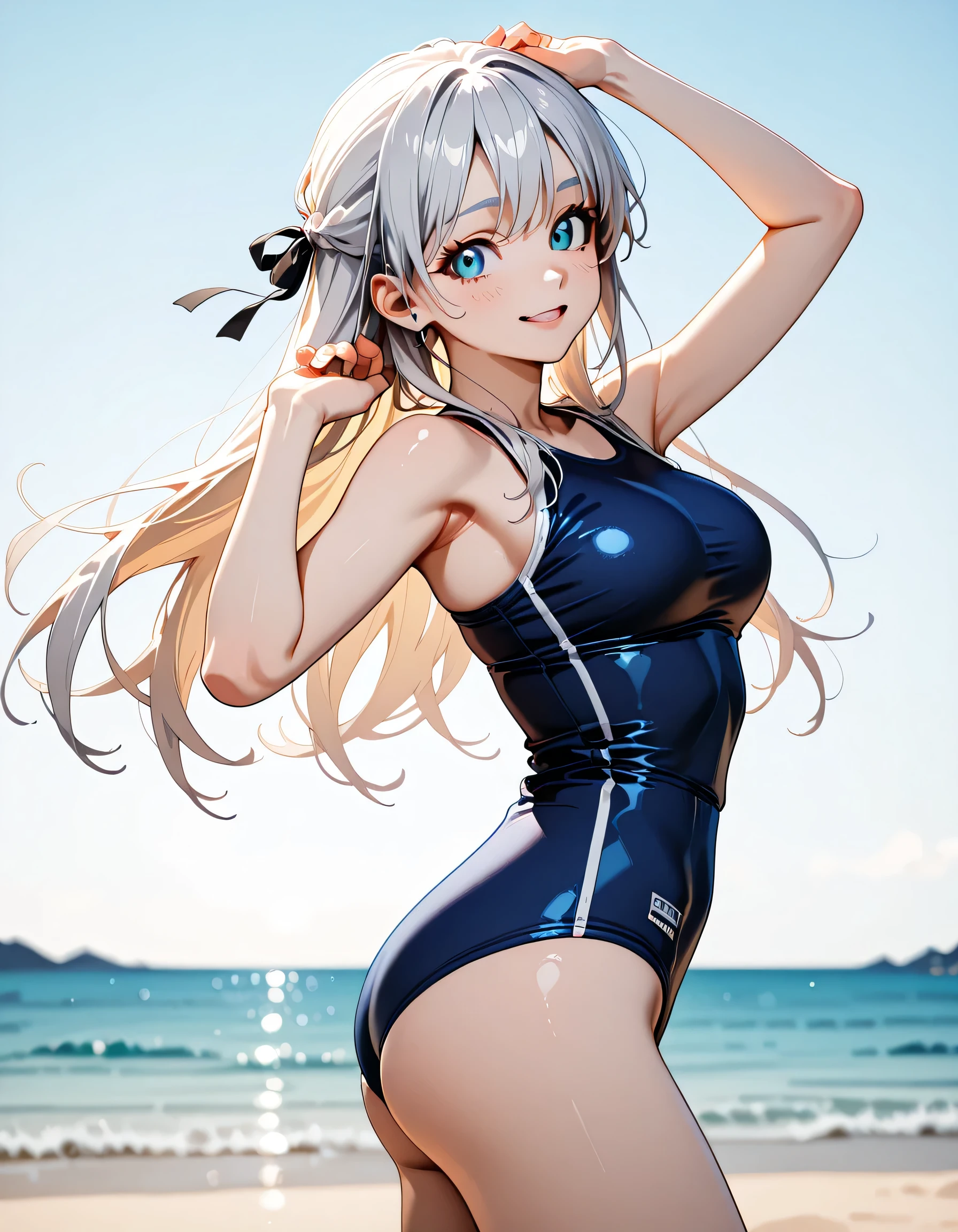 white hair,long hair,Bangs,Bangs整齐,Blue headband,Gray eyes,girl,Lovely,Smiling expression,Happy and happy expression,Navy blue swimsuit,Wet on the body,whole body,Standing in the pool,Don't show your arms,Background is beach,Hawaii,Blue sky and white clouds