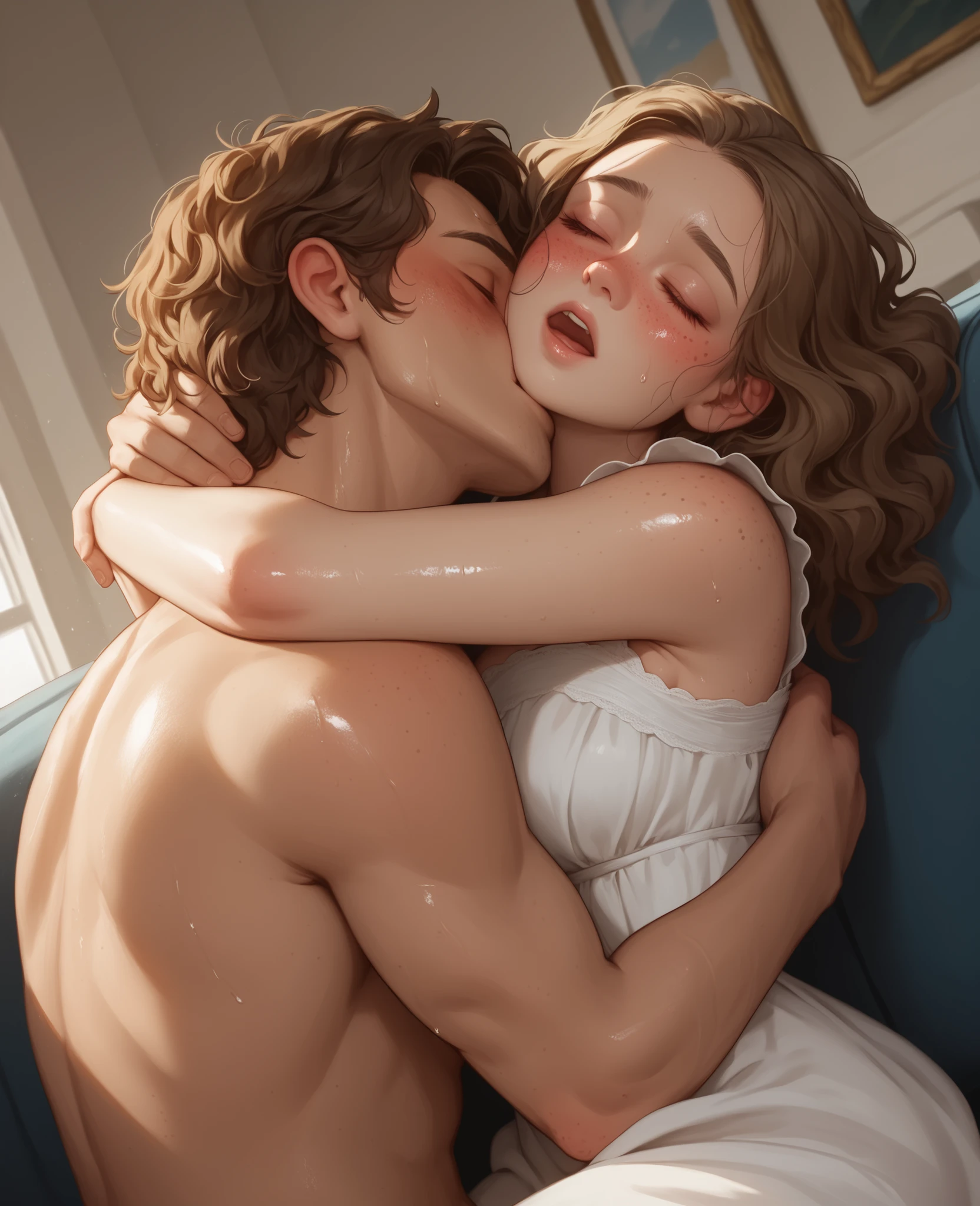 score_9, score_8_up, score_7_up, 1woman, solo, hair, closed eyes, white milky porcelain skin, white-skinned female, freckles, long wavy brown hair, lovely medium breasts, perfect body, black lacy sundress, sweat, female organism, open mouth, looking at viewer, head tilt, nose blush, blush, indoor, living room, day time, shiny skin, against couch, sitting , upper body, 1woman, 1boy (faceless, face on girl's face,
intense kiss, deep kiss, kiss ), hug. Dutch angle.