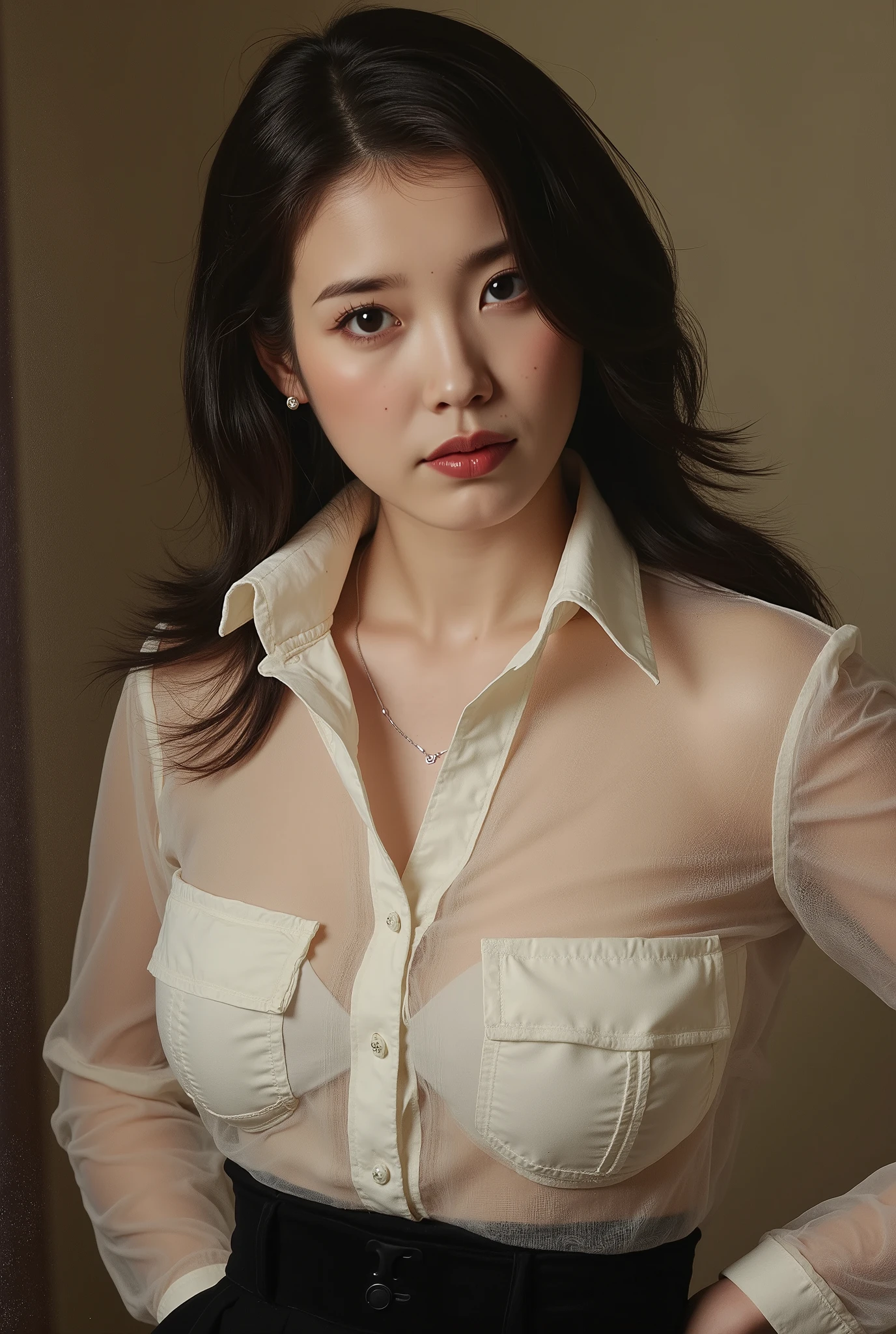 NSFW, oil painting, Victorian era, a woman wearing a transparent white blouse, natural breasts, brests are popping out, muted colors, erotic art, pinup, perfect face, sultry expression on face,
