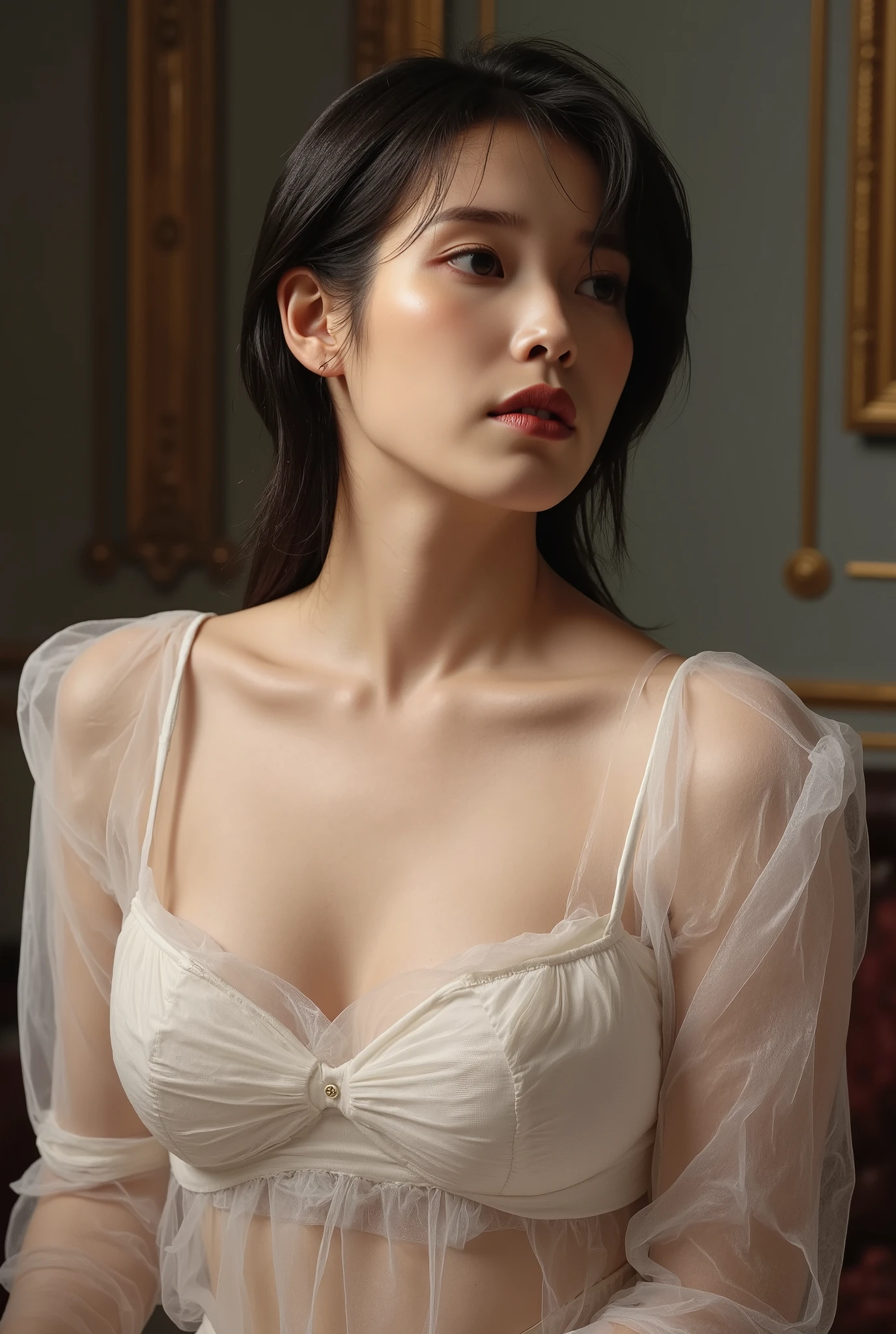 NSFW, oil painting, Victorian era, a woman wearing a transparent white blouse, natural breasts, brests are popping out, muted colors, erotic art, pinup, perfect face, sultry expression on face,