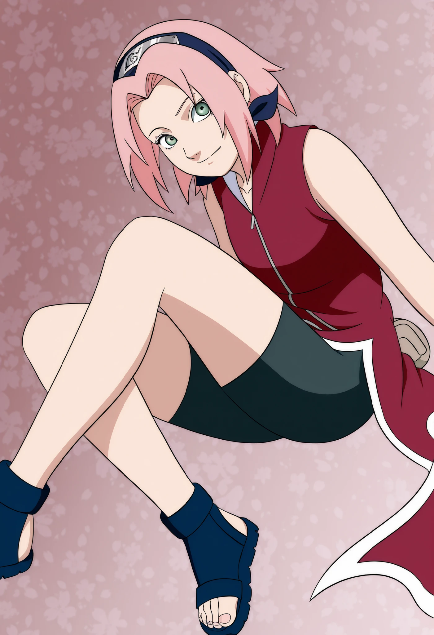 Sakura haruno, 1girl,solo, short hair, pink hair, green eyes,"Red sleeveless Chinese qipao with white trim and symbol, black shorts, black open-toe ninja sandals."  