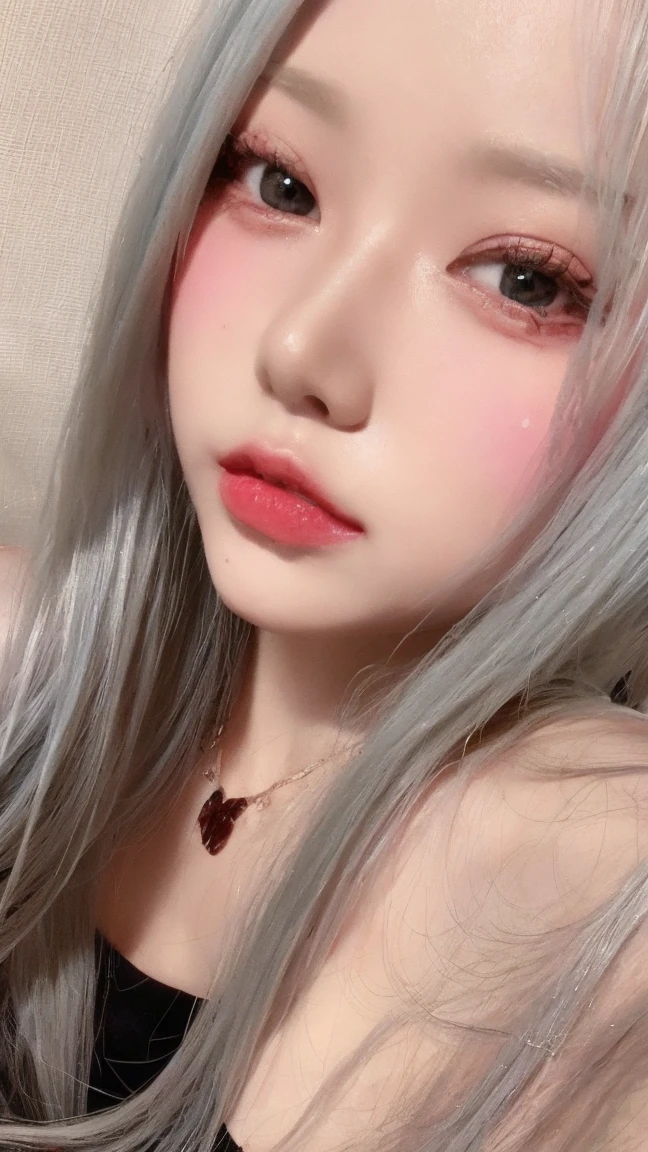 1girl, heart-shaped pupils, fingernails, white hair, purple eyes, (blush:1.1), large boobs, choker, upper body, trembling, sweat, sweatdrop, heart, love, heart, crop top, angry, lace, bokeh, (freckles:0.8), natural skin texture, portrait, (pinkroom_background:1.3),