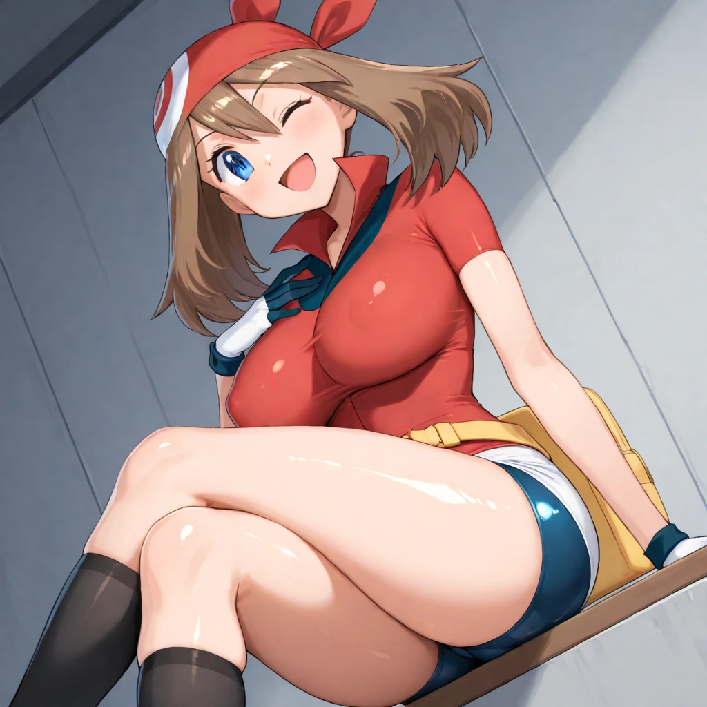 Pokemon May, pokemon, Monster girl quest, gloves, red top, brown hair, microskirt, bicycle shorts, seductive mature smile, smug, blue eyes, (wink), (female half open eyes), blush, 1boy, 1girl, larger female, large female, front view, (pov), forest background, ((handjob)), rubbing penis, penis in hand, foreskin, retracted foreskin, cumming, looking at eachother, looking at boy, (squeezing penis), penis between hands, squeezing penis, pulling down foreskin, (large breasts), (female on knees), boy being pinned down by larger female, pinning down boy, (low angle), (((depleted health bar))), tight handjob, ((penis in hand)), ((((critical health))))