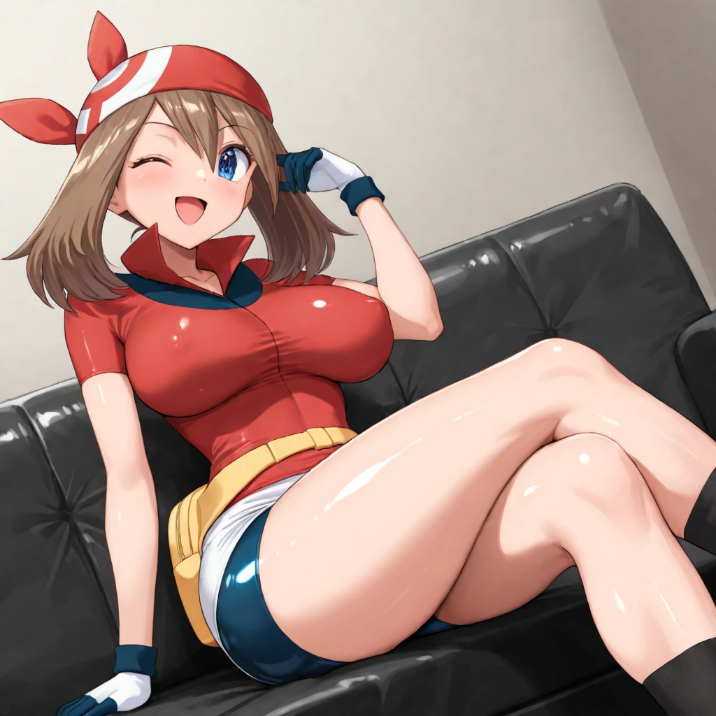 Anime-style illustrations, (masterpiece, Highest quality), Intricate details,
One girl, May, shirt, bike Shorts, bandana, red shirt, hair band, Medium Hair, gloves, Shorts, bow hair band, No sleeve, red bandana, smile, (bare breast:1.5)