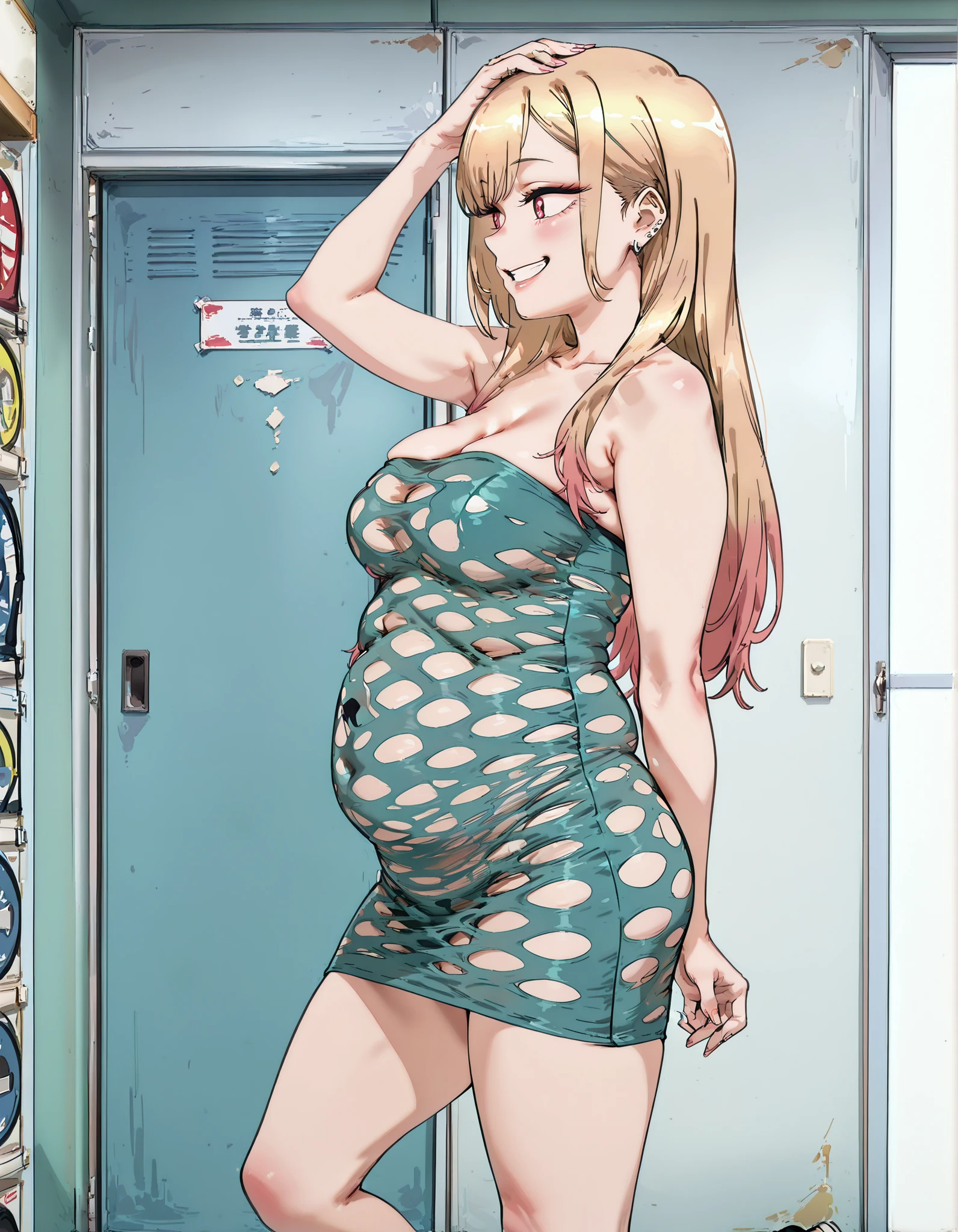 masterpiece, best quality, amazing quality, very aesthetic, high resolution, newest, score_9, score_8_up, score_7_up,source_anime,BREAK, 1girl, (Marin kitagawa, kitagawa Marin, blonde, red eyes, long hair, multicolored hair), (standing, hand on back, hand on head, on one leg, one leg slightly bent, off balance), ((strapless pothole tube dress aqua dress, strapless dress)), cleavage, big breasts, BREAK, chubby, athletic, stuffed belly, chubby belly, fat belly, clothed belly, belly rolls, BREAK, ((smiling, grin)), looking back at viewer, looking sideways, indoors, changing room, (side view, side profile)