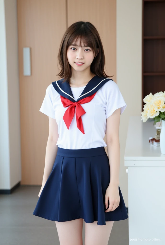 One person、One personで、An 18-year-old high school girl takes a photo wearing a short-sleeved white sailor uniform、victory、Twin tails、Tsundere、masterpiece、High resolution、Sharp focus)、Navy Blue Shirt、Red tie、Navy and red checked mini skirt、cute、Japanese women、、sexy、LaughtePerfect Anatomy、Delicate and beautiful hands and feet)、Yellow Wall,Small breasts、NogizakSlim figure、sexy、I can see your ths
