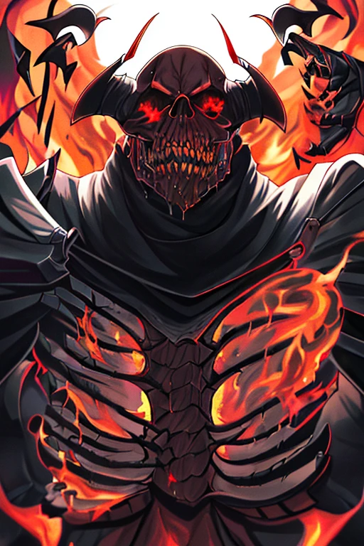 Absurd, high resolution, super detailed, official art, unified 8k wallpaper, super detailed, beautiful and aesthetic, Obra-prima, best quality, short white hair, dark skin, horns on the head, handsome boy, skull face, chest muscles, abs, tattoos, flame, glowing red eyes