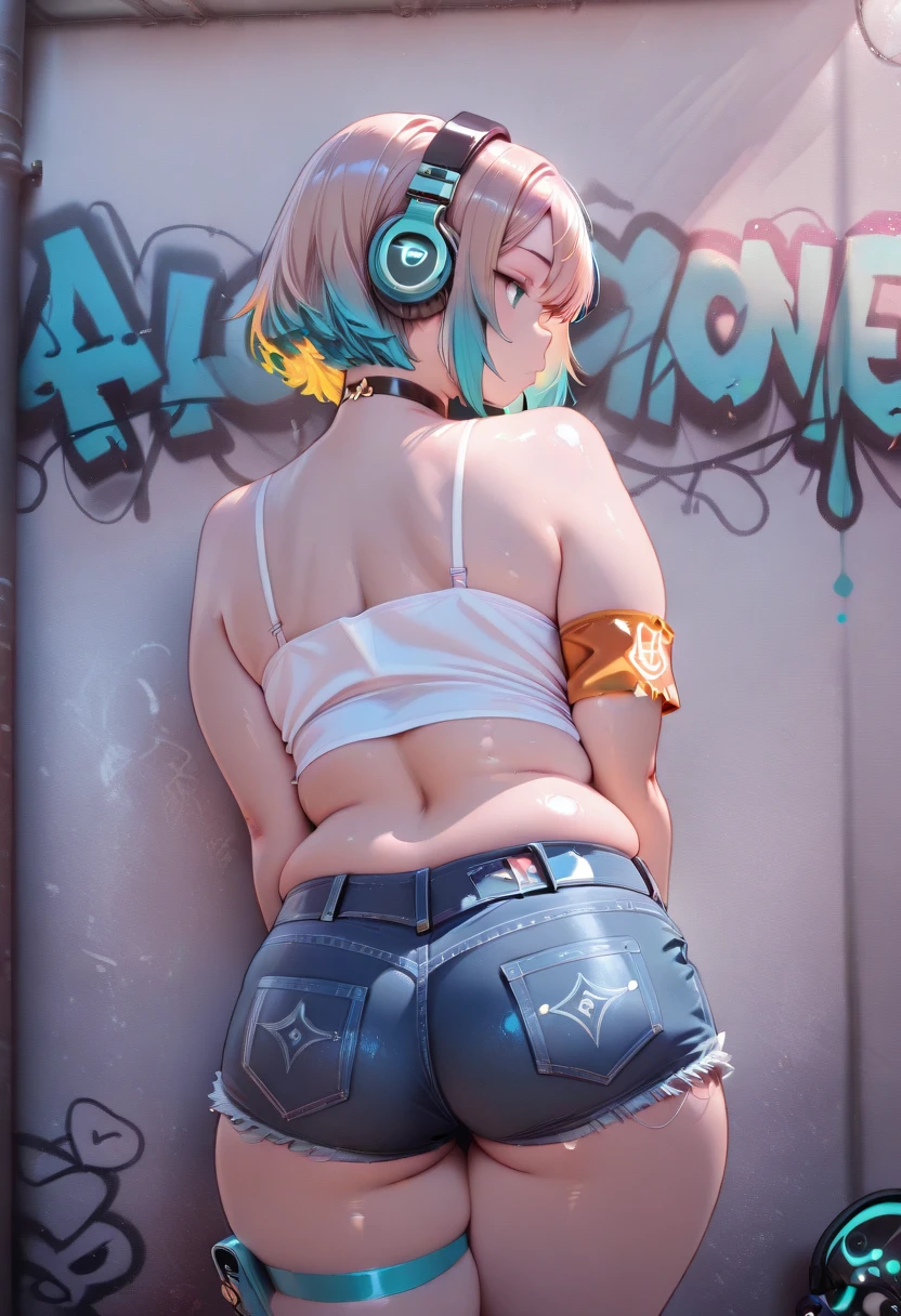 (masterpiece:1.1),(super realistic:1.0)(extremely detailed, intricate details, highres,2.5d:1.1),((magazine_cover:1.3)),highres (orange_theme:1.2),(Violet Evergarden:1.3) 1woman crop_top cropped_hoodie facing_at_viewer large_ass (headphones) chic_brand_graphic_hood hoodie short_cruecut_hair solo_focus (navel) white_hair white_undershirt (ultra low-rise jean_shorts:1.18), (thong panties line:1.2), (visible upper buttcrack:1.23), (tattoo:1.15), (skin_identation),((colorfull graffiti)), (spray art), wall_painting,brick_wall