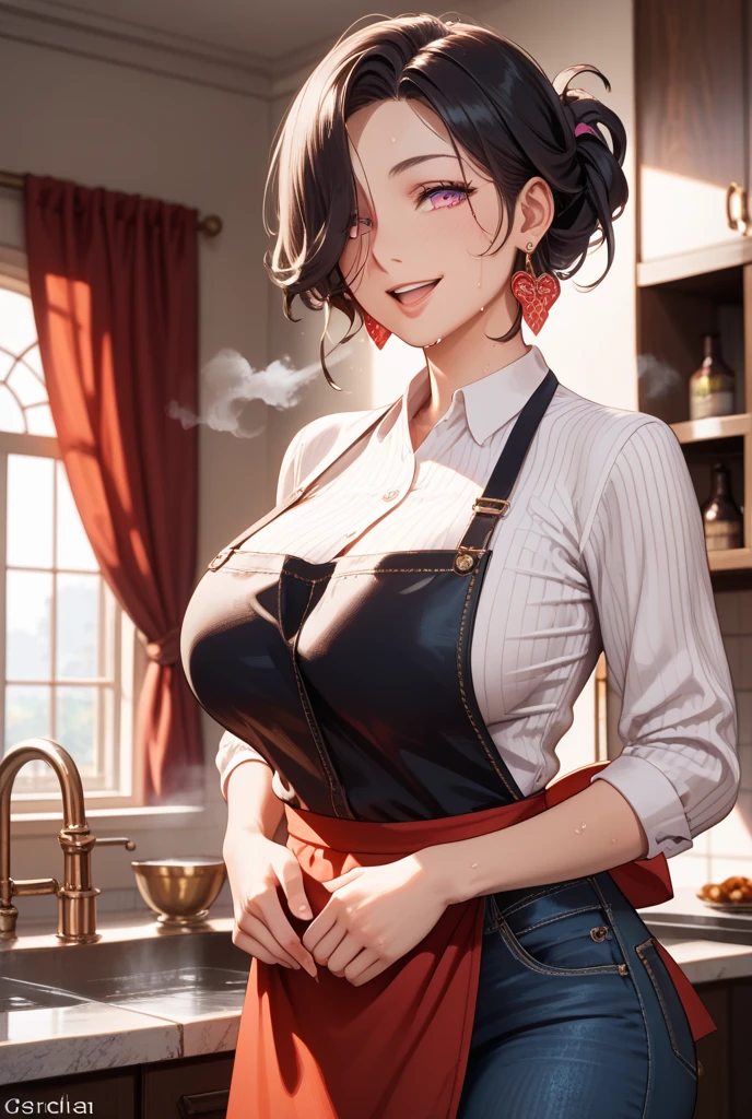 masterpiece, yor, 1girl, Bust A Cup, Amazing Cleavage:1.3, thin waist, big ass, Raised sexy, big breast: 1.2 posed cleavage:1.2、solo, looking at viewer, open mouth, have a cute grass of cute beergrass,black hair, red eyes, dress, bare shoulders, jewelry, collarbone, sidelocks, hairband, earrings, indoors, off shoulder, :o, sweater, arms behind back, plant, short hair with long locks, white hairband, off-shoulder dress, sweater dress, off-shoulder sweater, red sweater, big side hair, very long side hair,is rendered in (masterpiece: 1.2, best quality), with (ultra high resolution) and an exquisite (depth of field). This masterpiece is not only visually stunning but also tells,A scene of cooking in the kitchen
