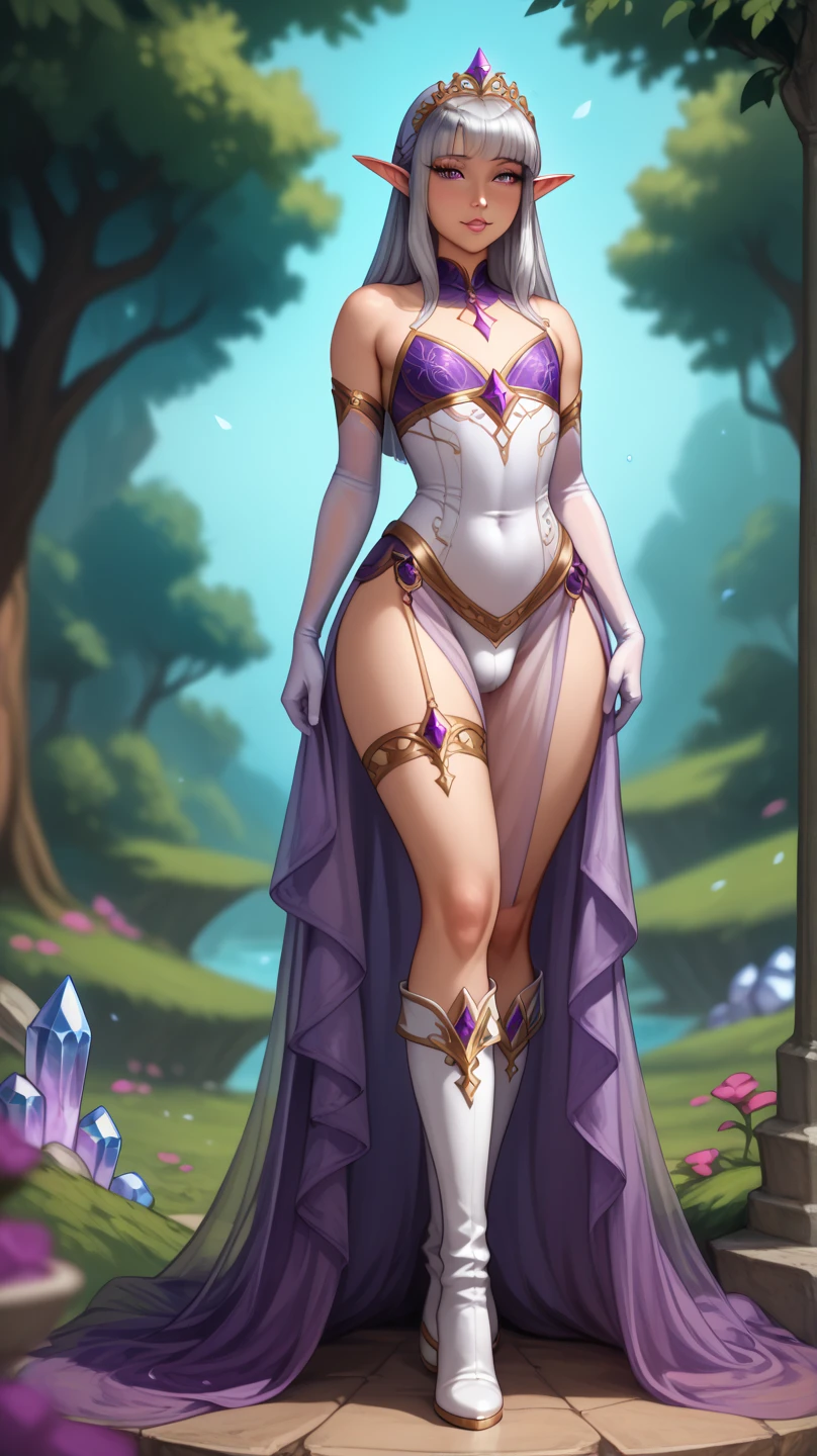 Magical World, full-body CG, barefoot standing, beauty (perfect female figure, pretty face, long dark hair, jewelry decoration), realism, thigh detail, super realistic, real cave background, super detail, (full body), 8k, (original image), CG, purple skin