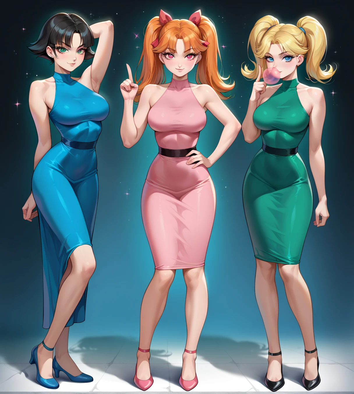 Three women, in colorful formal evening gowns posing in front of a window, selfie, large breasts, random hair styles, elegant makeup, tiara, white gloves, dainty, beautiful, perfect skin, 8k resolution, perfect lighting, perfect face, perfect shading, extreme detail, cocktail dress, shining, from above, group hug, taking selfie with smartphone:1.5