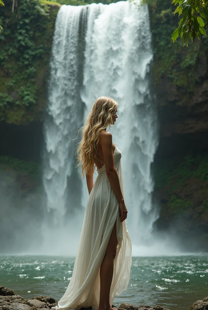 Ultra-realistic sunset image featuring a beautiful blonde woman standing in front of a breathtaking waterfall landscape in the mountains.The waterfall cascades down from great height, the gold and orange hues of the sun illuminating its crystal-clear waters, creating a mesmerizing sight. The blonde woman, with her long, glossy hair flowing down her back, gazes at the sunset with an engaged and seductive smile. The image is captured in an 8k ultra-high definition, using a Canon EOS R5, a 50mm lens, and an F/2.8 aperture. The bokeh effect adds depth and intrigue to