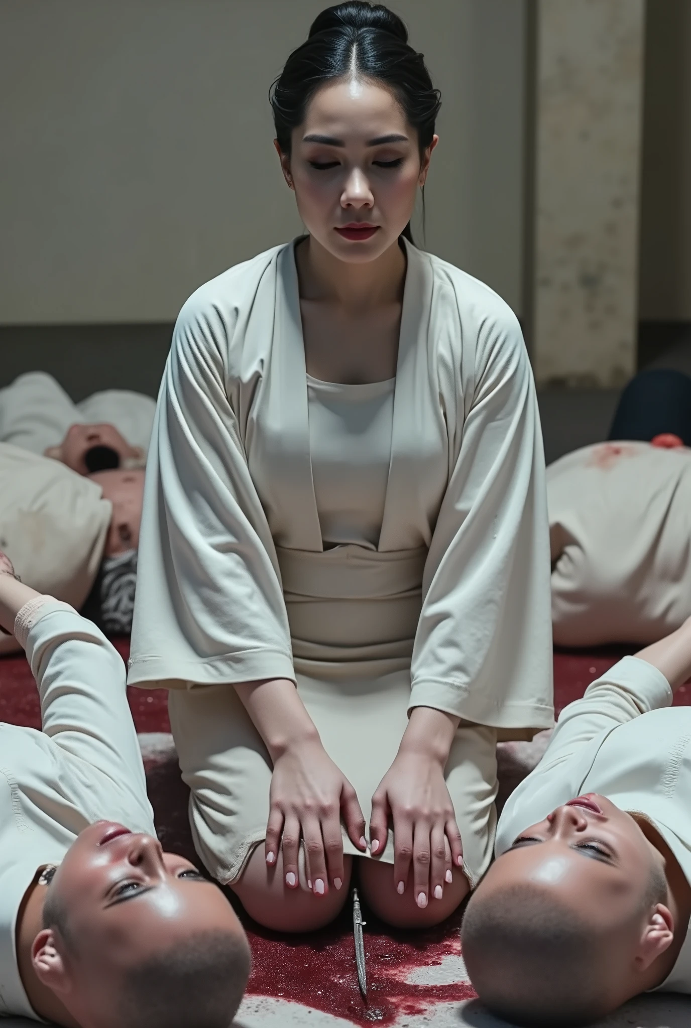 Very beautiful woman, woman luxury white kimono, woman knife, woman kneeling in prayer on the ground, two male, male body dead, male dead everywhere, male covered in blood