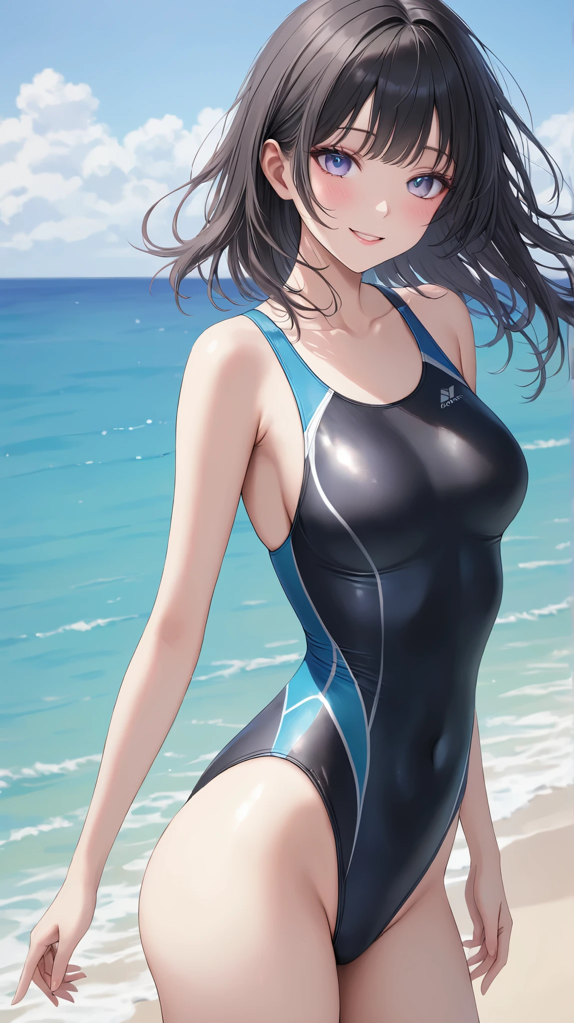 Girl with black hair in a bun swimming, manga page with panels and dialogue