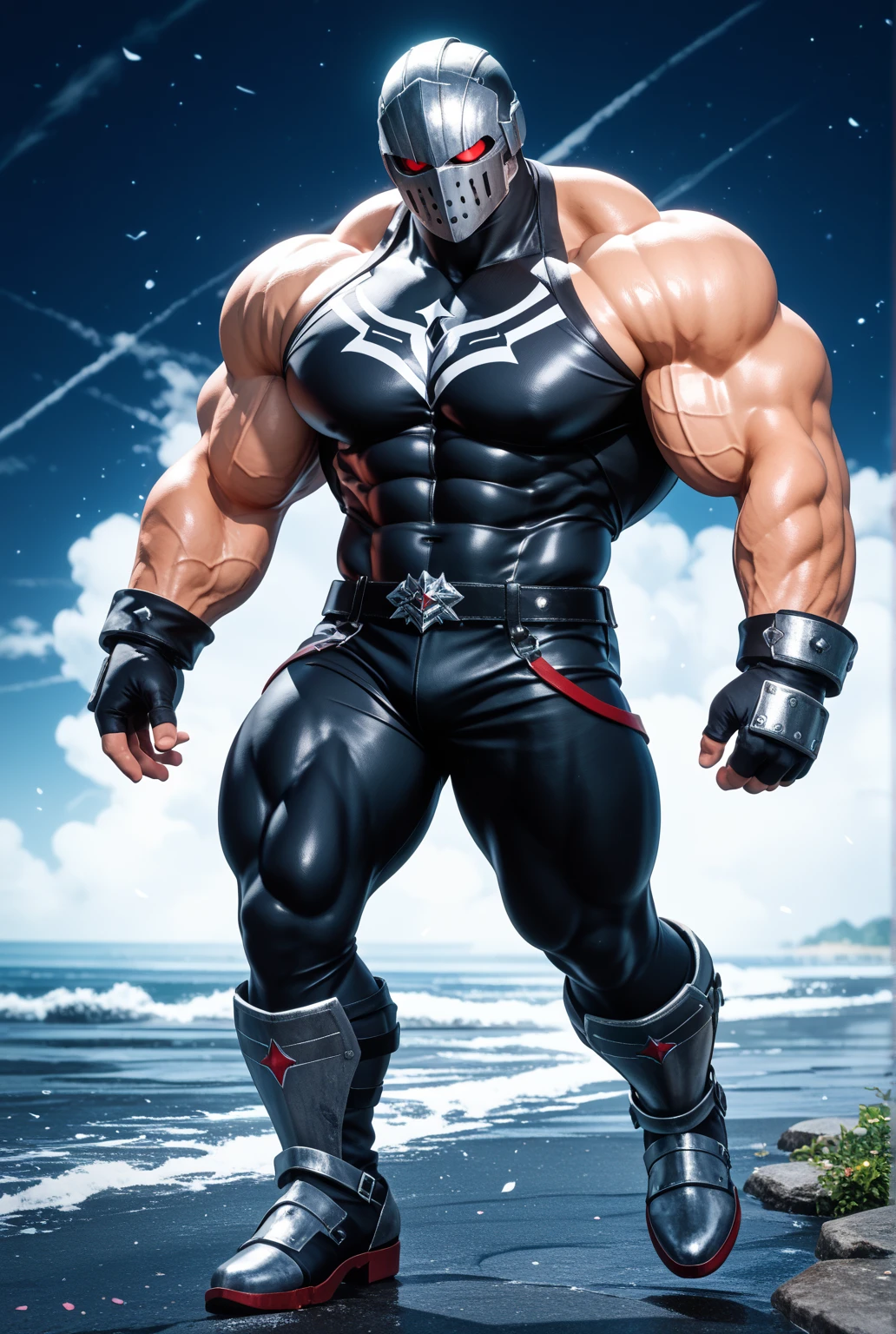 Arad man in white and black clothes standing on the sunny beach, with his back to the camera, American round head, Buzz cut, hips, tall and burly, muscular male hero, heroic male pose, muscular! Wearing black sunglasses, spandex tight high elastic bodysuit, symmetrical floral design, super buff and cool, high resolution committee, character design police, black military boots, attractive strong male with spandex tight high elastic bodysuit, weaving hot sunlight on the body
