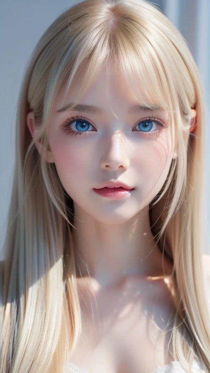 (Close-up:1.4)、(RAW shooting:1.2)、(Photorealistic:1.4)、(masterpiece:1.3)、(Highest quality:1.4)、Bright expression、Very cute girl、An exceptionally beautiful girl、Cute and beautiful face details、Beautiful Bangs、Radiant, fair, glowing skin、Facial hair、Bangs that reach the face、Bangs between the eyes、Super long hair、Super long, straight, silky hair with a striking platinum blonde hue、Thin Hair、Attractive shining beautiful bright clear light blue big eyes、one piece、eyeliner、double eyelid、Ample Bust、Upper Body、