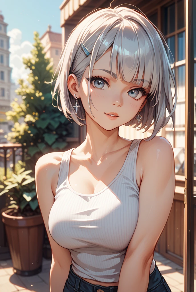 ((Masterpiece)), (Anime:1.5), ((best quality)), (RAW photo:1.2), (High Definition:1.3), (Professional Photography:1.2), (chromatic aberration), 1girl, (()), sweaty skin, smile, navy blue eyes, (happy posing), (silver hair) ((messy short hair)), right eye is hidden, ((long black bangs cover one eye)), small stature, small breasts, , ((cute white camisole)), rooftop, (cinematic lighting), backlighting, (shaded), detailed background, cityscape, ((perfect hand))