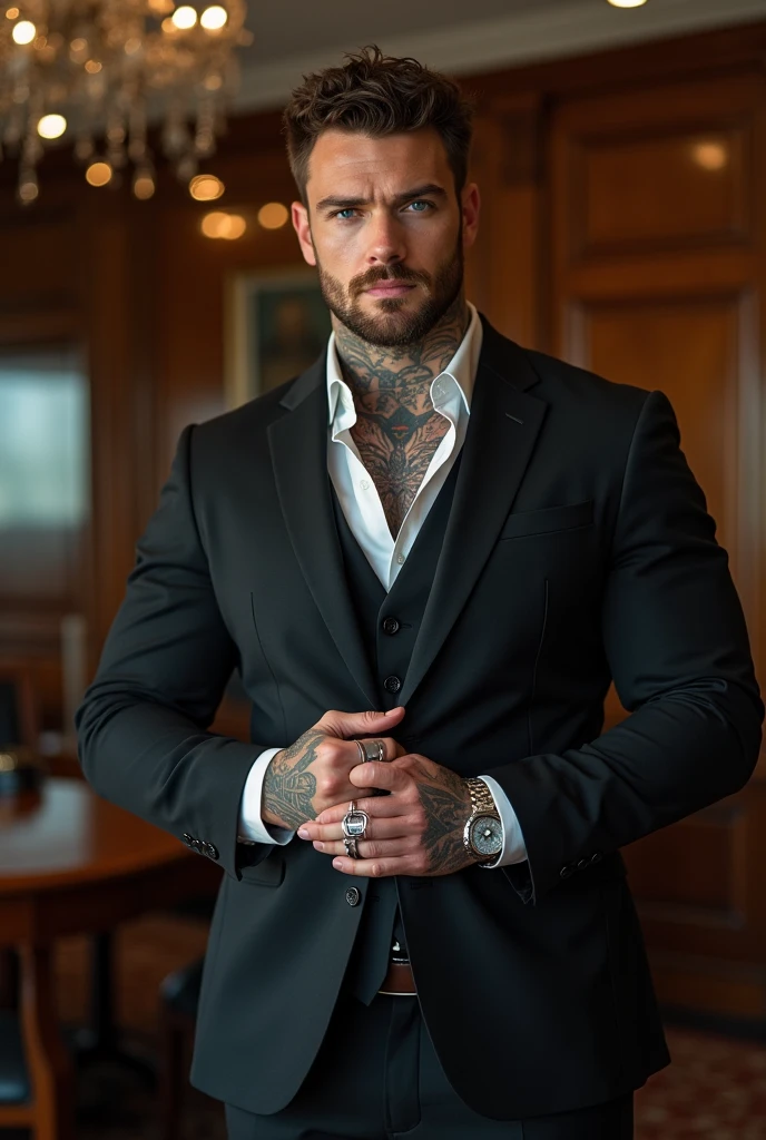 Man 30 years old Muscular Shirtless only wearing a tie Abs Tattoo of a scale on his chest Hair on his chest