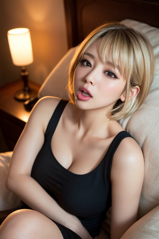 table top, highest quality, figure, Super detailed, finely, High resolution, 8k wallpaper, 完璧なダイナミックな構figure, detailed and beautiful eyes, black tight dress, medium hair,blonde hair color ,small breasts, natural color lip, random sexy poses,random situation,slender body,narrow side,Wink sexily