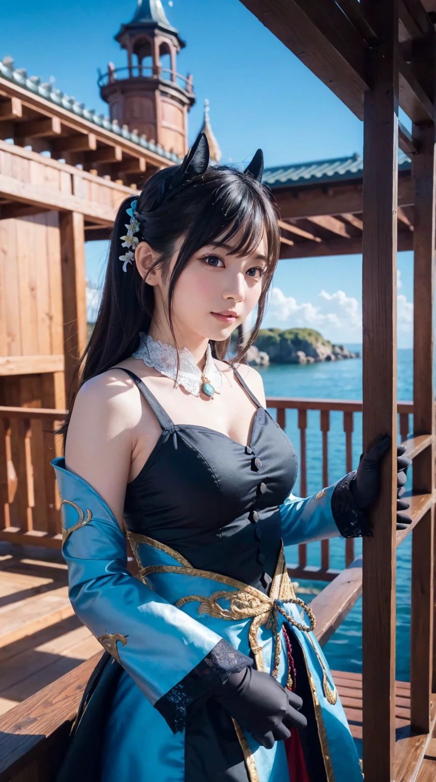 (One Woman),(Bursting smile:1.5),(Look at viewers:1.1),(hide one's hands:2.0),(Beautiful Japan Woman),(hair behind ear, hair over shoulder, straight haired, Long hair, strong wind in the hair:1.5), ( High neck sleeveless , tight skirts:1.5), (high-heels;1.3), detailed clothes, (Perfect female body), (Narrow waist:1.5), (Bust Up Portrait:1.3), Dynamic Pose, Cinematic Light, shores