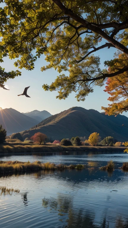  HD images，The sun disappeared along with lonely geese in the distance, The brilliance of the sun flies with the giant geese in the lake、 The river in autumn is connected to the vast sky , 