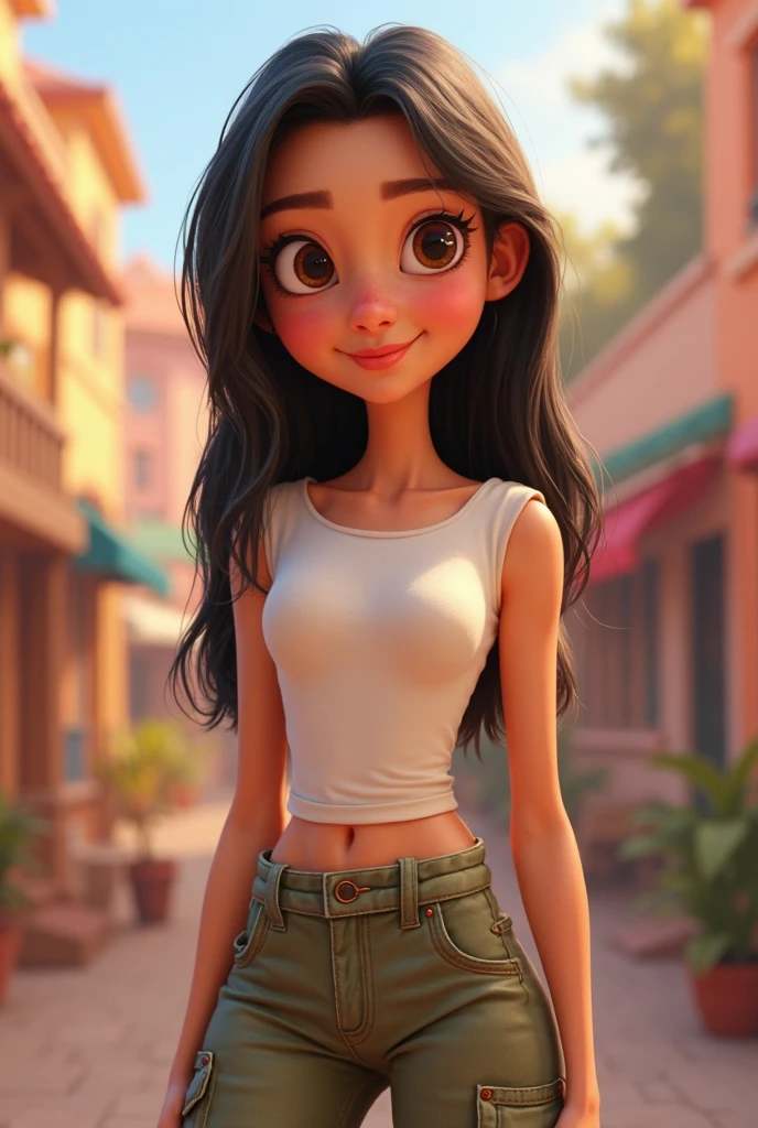 (masterpiece, best quality, ultra-detailed, highres, 4k),(beautiful detailed eyes),(very detailed face),(1girl),HDR,long hair, panties, blue eyes, brown hair, bracelet, see through crop top, jewelry, watch, lips, solo focus, nail polish, ponytail, blurry background, smirk, wristwatch, realistic, looking back at viewer