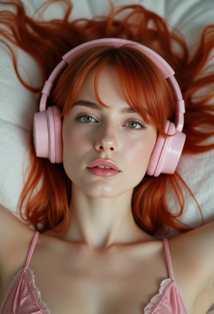 retro headphones eyes closed close up pajamas laying on bed block_cocolove