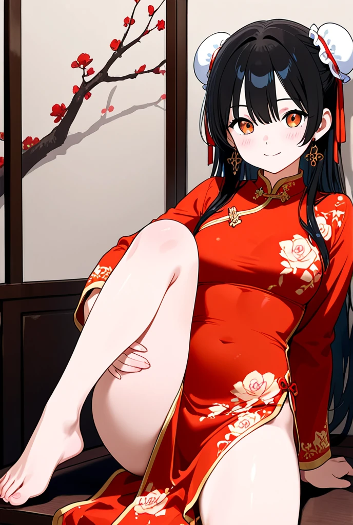 Period drama manga style A 15-year-old super beautiful Chinese young lady with black hair in a bun cut wearing a super shiny red long-sleeved Chinese dress She wears pants with a zipper over her private parts