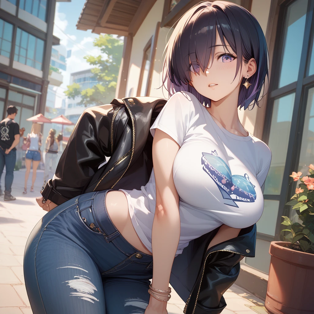 1girl, short black hair, blue eyes, wearing plain white shirt, denim shorts, city, absurdres, high res, ultrasharp, 8K, masterpiece, looking at viewer, breast exposed.