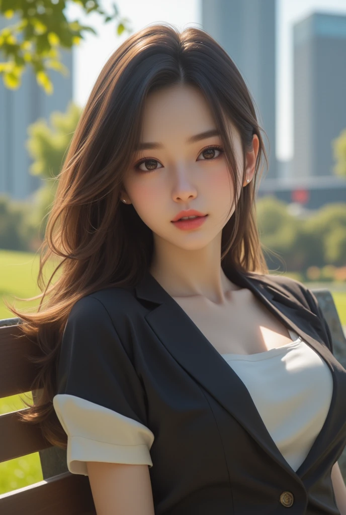 best quality, masterpiece, 1girl, Beautiful face, (photo realistic:1.3), rim lighting, (high detailed skin:1.2), 8k uhd, dslr, high quality, high resolution, 4k, 8k, Bokeh, absurdres, best ratio four finger and one thumb, (realistic:1.3), cute 1girl, wearing black formal blazer, medium breasts, short skirt,