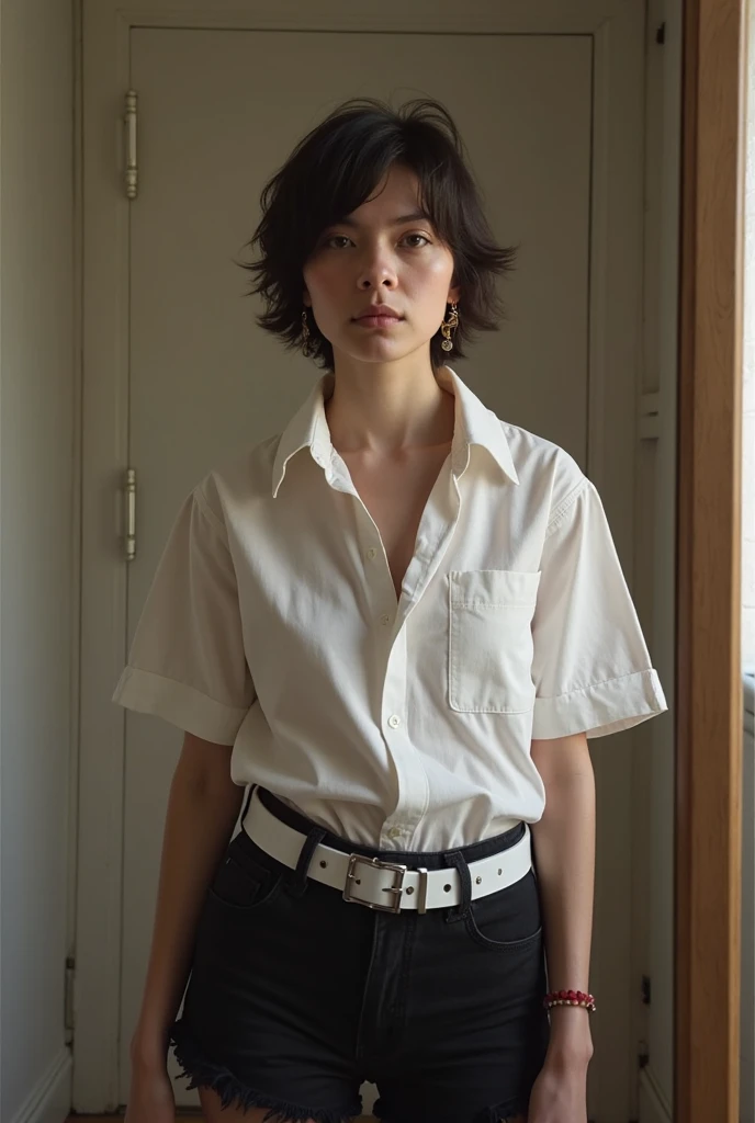 20 year old Asian woman, short straight black hair, with a nun&#39;s habit, semi nude showing full body, barefoot 