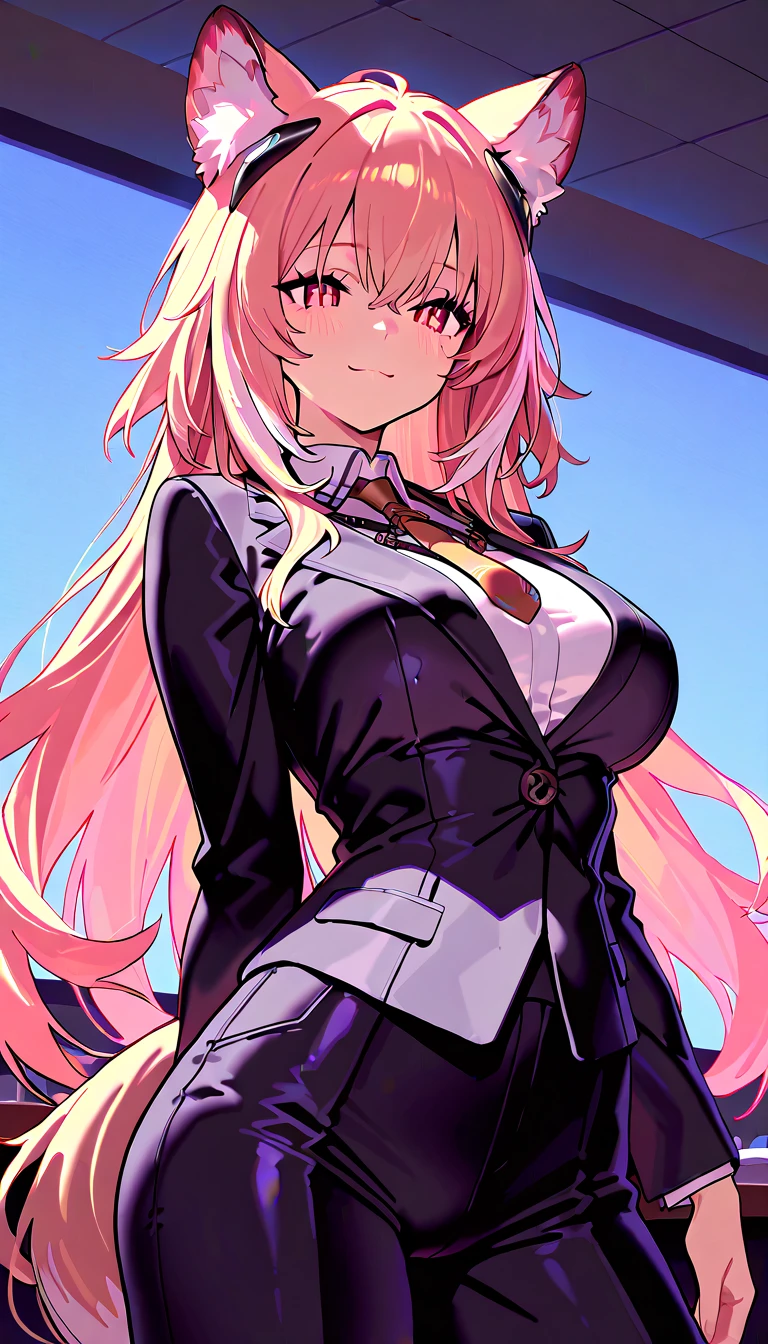 (Front Focus),(In the Dark:1.6), (Masterpiece, of the highest quality, best, Official art, Beautiful and aesthetic:1.2), game cg, Highly detailed and realistic CG, Colorful, Masterpiece, Best Quality, jewel-like eyes, 1girl, young, 16 years old, glamour, solo, neon green hair, very long hair, straight hair,, black mini skirt, layered skirts, glowing eyes, star-shaped pupils, smug, smirk, open mouth, black tights, skinny legs, jig eyes, round breasts, medium breasts, (white covered breast:1.2), breast focus, ruby green eyes, contrapposto, hands on hip, bokeh, slender, (white skin:1.0), (light skin:1.5), cat ears, cat tails, fur, from POV, black ribbon,