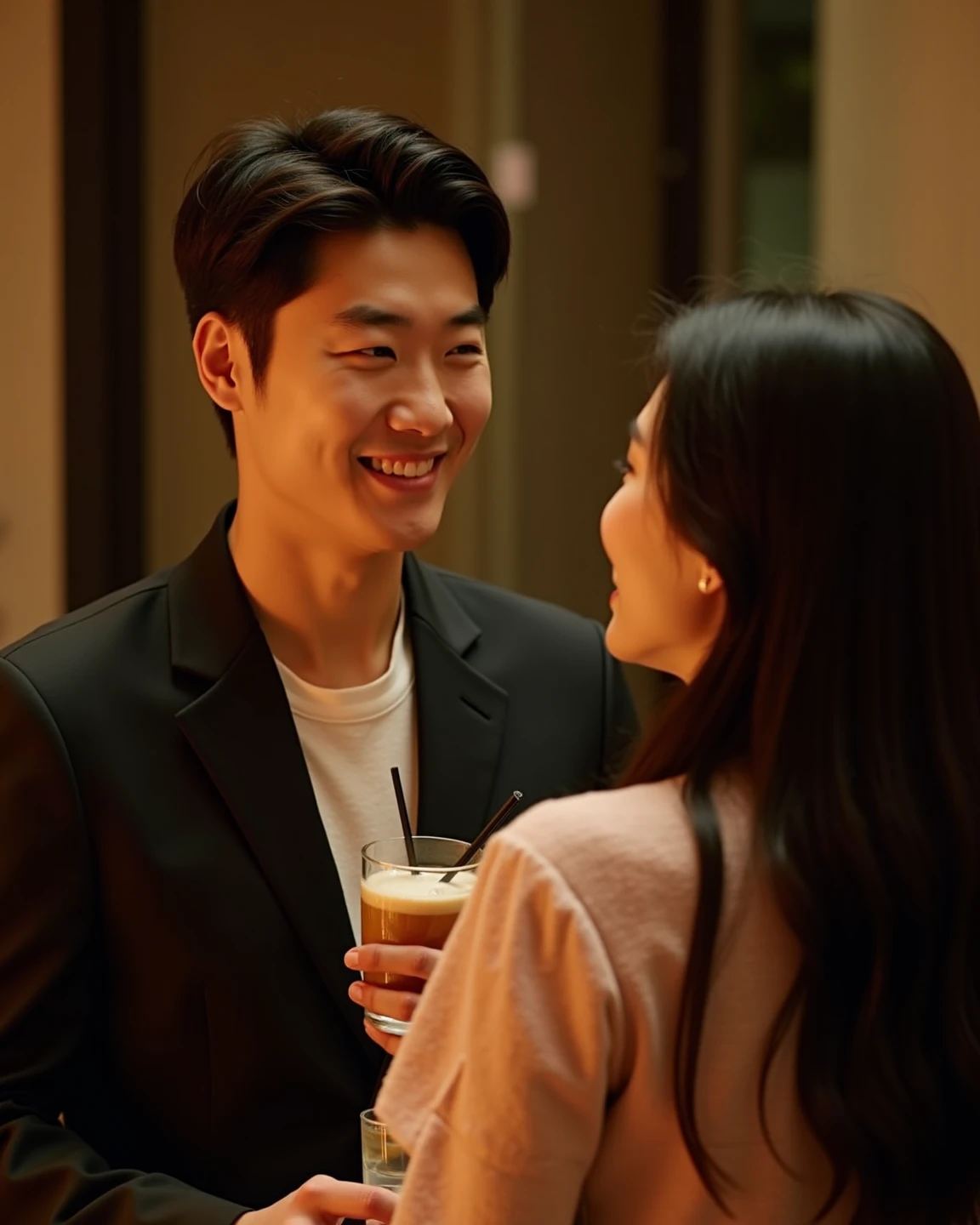 The family room scene was captured in a warm, realistic picture, ultra hd, wide view, 30 years old brother and 30 years old sister smiling each other, father and mother drinking tea, showcasing their close bond through a heartwarming vernacular style accentuated by the soft, ambient glow of table lamps that radiated a sense of comfort and belonging.