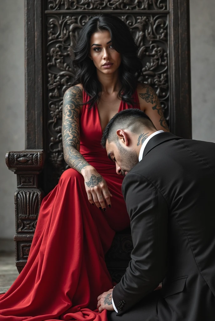 A man, is a servant and is dressed in dirty and torn clothes, lying face down on the floor while licking the garbage from the floor with his tongue, in front of beautiful feet. of his employer. His boss is a gothic white woman, mature, aristocratic, millionaire, with wavy black hair, dressed in a black miniskirt, thigh high socks, combat boots, gothic jewelry. She sits cross-legged and eats at the table quietly, while spitting on the floor. the food she doesn't like and makes fun of her servant. Hyperrealism.