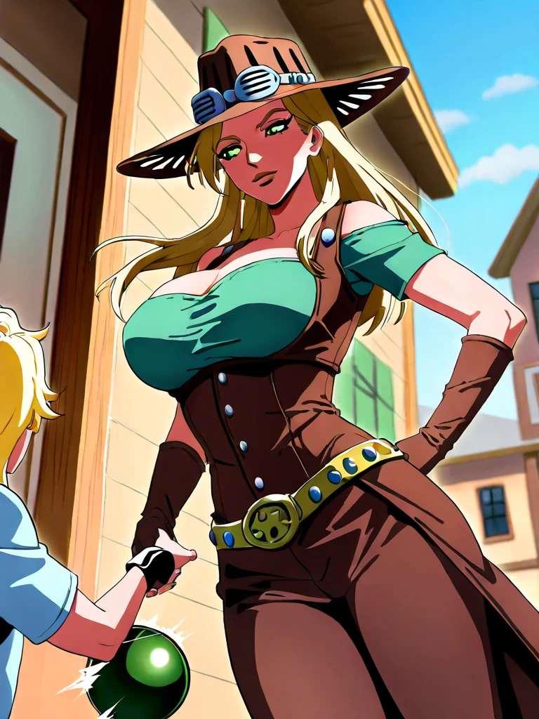 best quality, venusstarrts, <lora:Venusink:0.62>, long blonde hair, blue eyes, dark blue cowboy hat, tied shirt, gloves, ruby choker, thick body, bimbo cowgirl, cowboy boots,