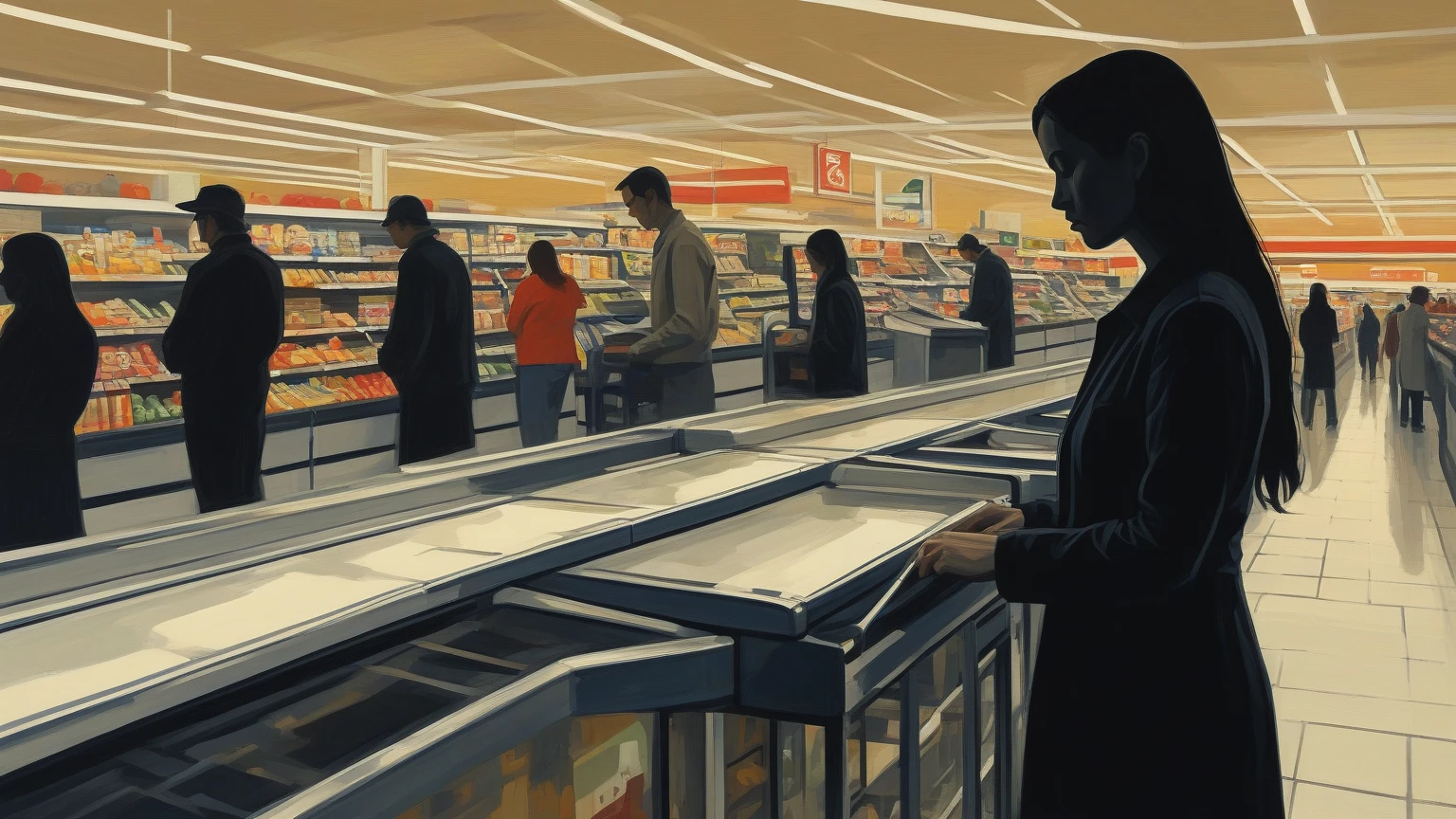 16:9 ratio , a young man working in a small mart, alone in the mart, tv in the background, shop is dark ,raining outside of the mart , comic style , psychotic scene, cinematic , dark mood colors, use golden ratio for the focus of the young man,hyper-detailed, cinematic illustration of a young man arranging the shelve in the small mart,Pay close attention to intricate details in a young man , emphasizing texture and realism. Use a high-contrast black and white color scheme with subtle hints of moody blue. Ensure the lighting captures the interplay of shadows and highlights, enhancing the atmosphere