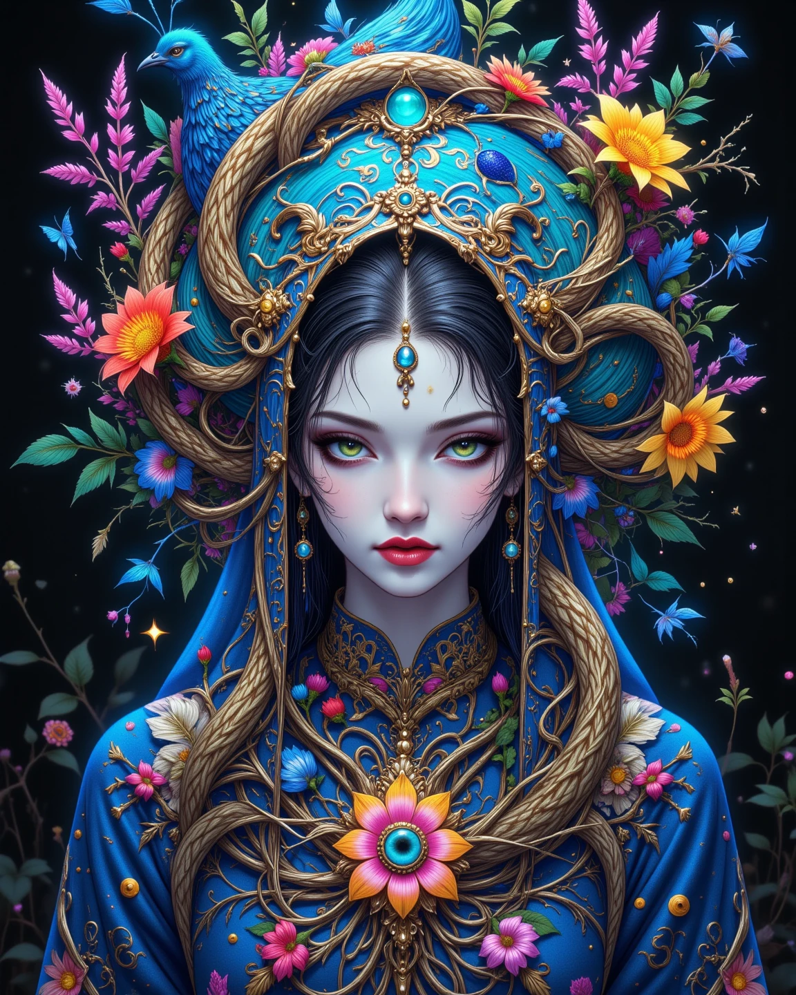 Mysterious peacock with intricate patterns、Glowing Turquoise Eyes、Wrapped in a dreamy aura、Vibrant Glowing Flowing Fur、Colourful flowers and leaves against an enchanting and mysterious forest backdrop、A peaceful atmosphere、A magical, otherworldly atmosphere、Beautiful Digital Fantasy Art、Vivid Illustration Style、Fantage Works、 artistic composition、A fantastic and captivating depiction、Highest Quality、high image quality、masterpiece