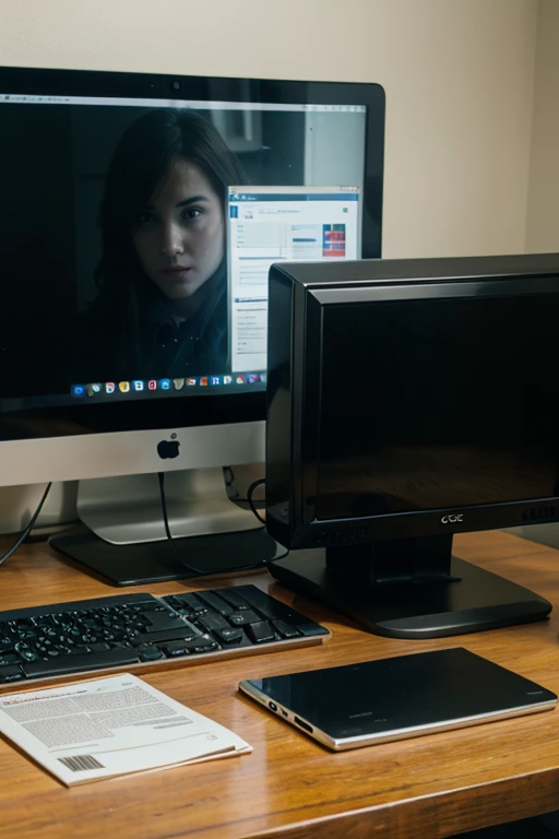 a beautiful long-haired woman wearing black is sitting in front of the computer looking for a picture on the internet, she is in a quiet and quiet small studio alone, there is a window behind her, and there are several pens and scissors around the computer table