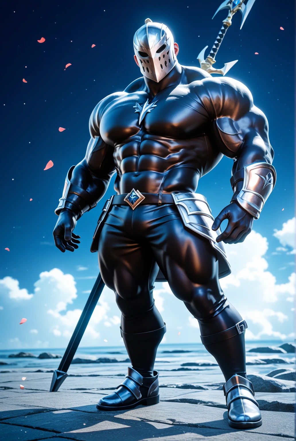 Arad man in black and yellow clothes standing by the sunny sea, muscular male hero, conceptual art like Ernest Khalimov, heroic male pose, muscular! Wearing black sunglasses, round head Buzz Cut, cyberpunk, stealth suit, super buff and cool, high resolution committee, Chris Redfield, Jigachard muscle, Ernest Khalimov body, character design police, black military boots, charismatic strong male with armor