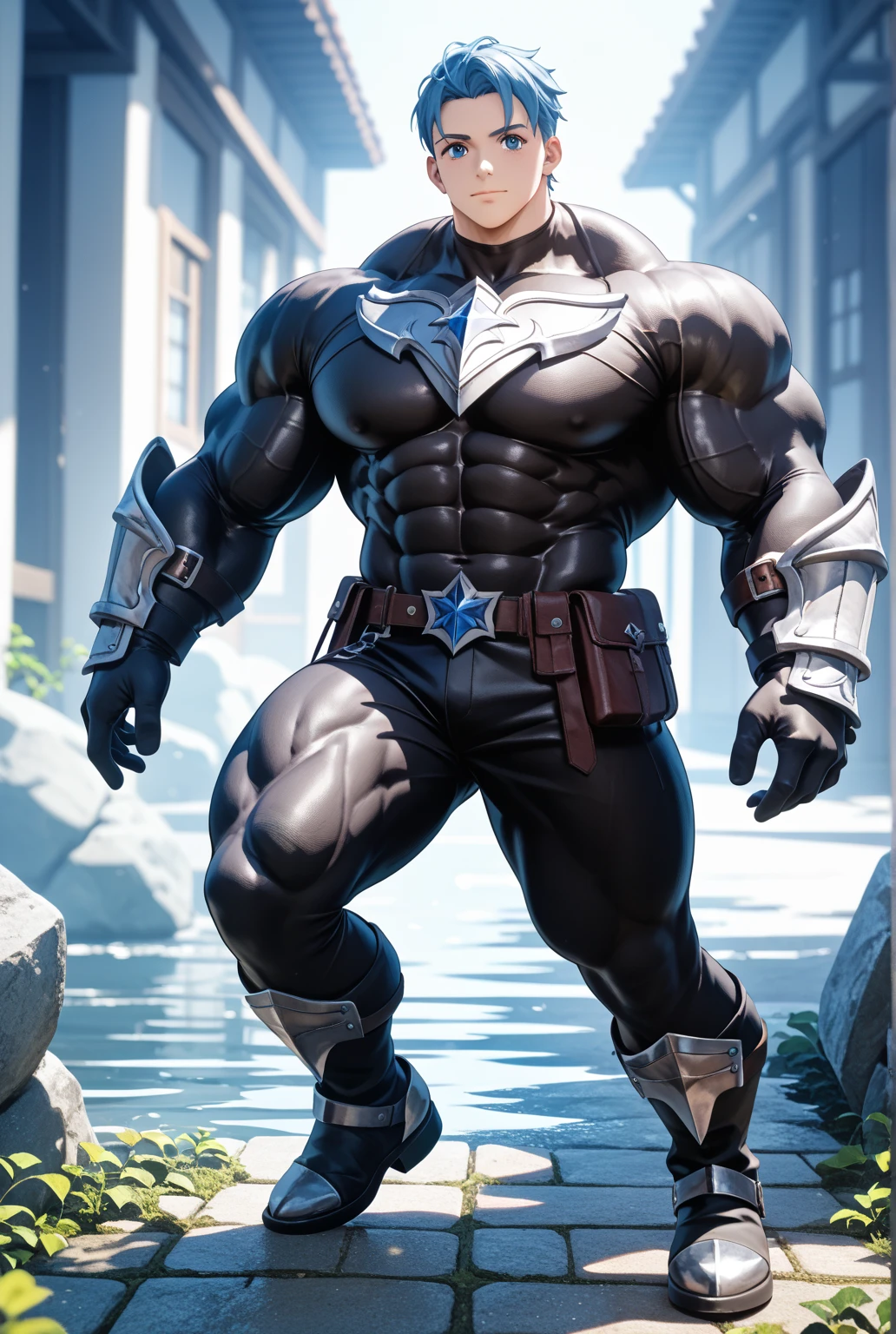 Arad man in yellow and black clothes standing by the sunny sea, muscular male hero, conceptual art like Ernest Khalimov, heroic male pose, muscular! Wearing black sunglasses, round inch head Buzz Cut, cyberpunk, stealth suit, super buff and cool, high resolution committee, Chris Redfield, Jigachard muscle, Ernest Khalimov body, character design police, black military boots, charismatic strong male with tights