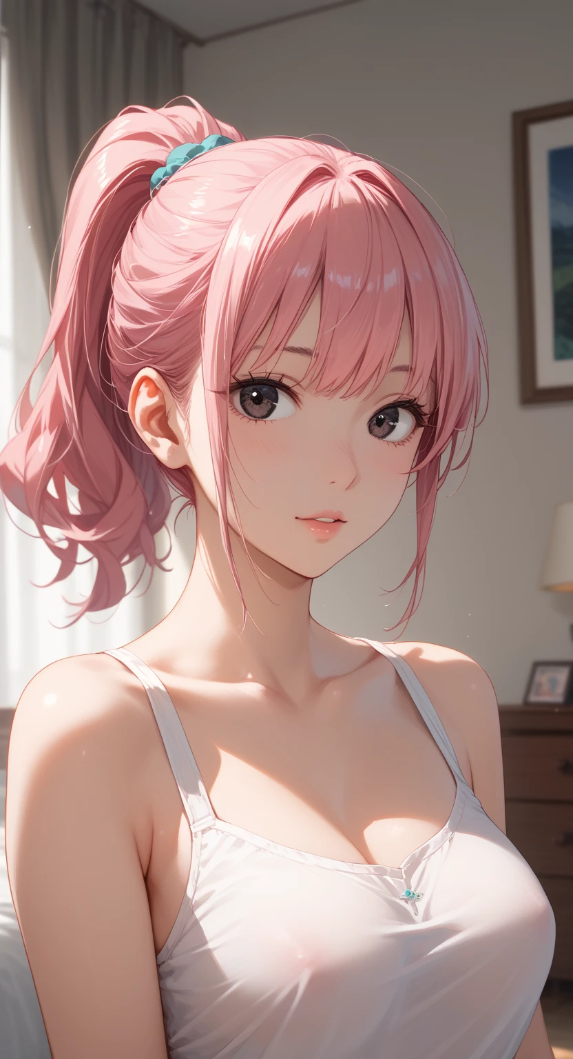(masterpiece, best quality), 1girl,Peach Sorbet Messy Bun with Floral Hair Comb, Sizes I to L breasts, <lora:Genius_Bishoujo:0.8> genius style