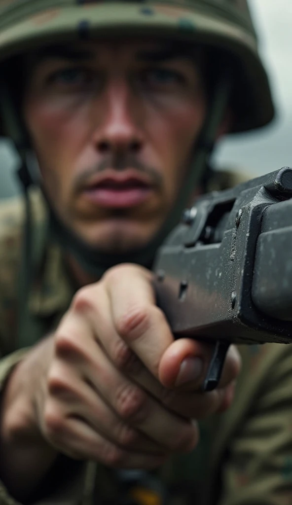 4k, Foto hiperreal de, High detail Argentine soldier holding machine gun, com capacete, na decada de 1976
