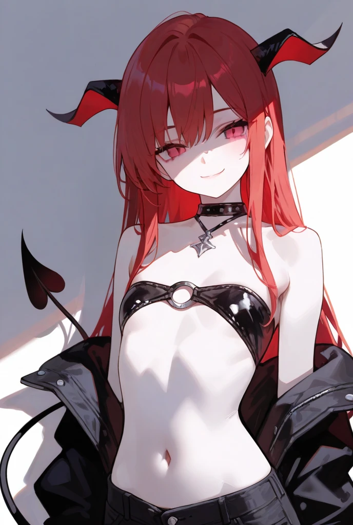 (highest quality、masterpiece:1.2), etna, red hair、red eyes, elegant、Charm、sexy、beautiful well-groomed face、beautiful eyes、beautiful hair、smooth skin、beautiful mouth、smooth legs(a ferocious look、Vulgar smile), (black underwear,bra,Underpants、garter belt、Fishnet tights、choker)