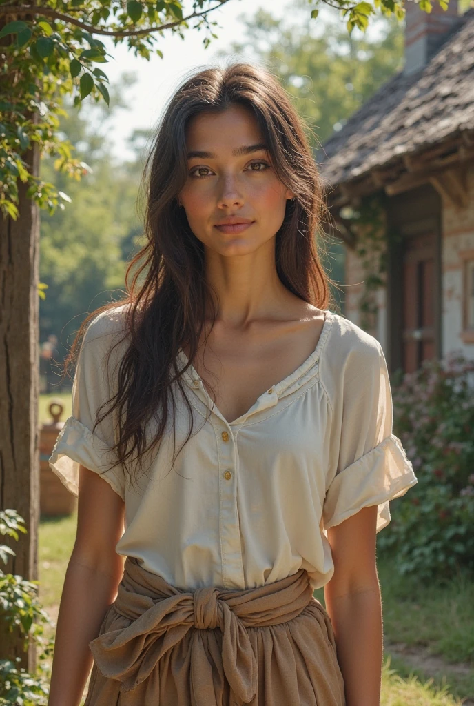 (NSFW: 0.1), Ample bust, Mature allure, One young woman, 20-years-old, Lofty elegance, Sporting a quaint rustic attire, Cornrow braids, Positioned on a rustic countryside farm. She exudes gentility, Radiant smile and emotive eyes. An endearing barn becomes the backdrop, Lush golden wheat fields and sky-blue heavens in sight. The composition is bathed in the golden hour's warm light., The subtle depth of field and delicate bokeh emphasize the idyllic tranquility., Evoke images of being captured on retro 35mm film, Cinematic essence,