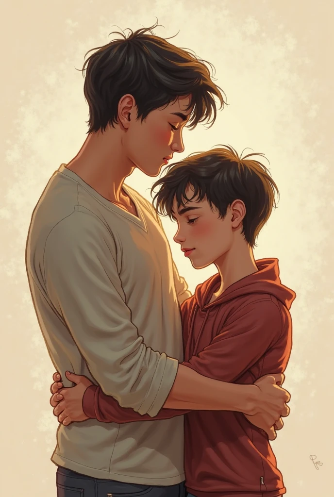 Two gays, one is a big bully and the other is super delicate and the delicate one is sitting down helping the other to clean his wounds. They are not dating but are in love. They are high school boys, they are in school and the big guy looks like an American football player. They are very thin and do not have a beard, but they are not very thin and have a little muscle......stop making pedophile images! They are both the same age and look the same, they are both 1 and NEITHER OF THEM HAS EVEN A LITTLE BIT OF A BEARD AND THEY ARE PRACTICALLY THE SAME SIZE.