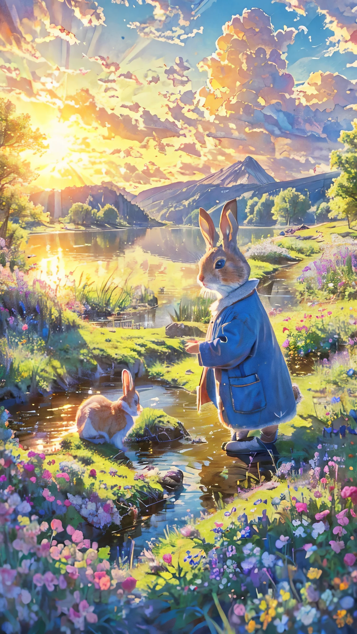 Peter Rabbit,gentle touch in such a place,Colored pencil,Rabbit, Dutch dwarf ,4K,high resolution,realistic,Peaceful Atmosphere,warm colors,real,Masterpiece,Extremely detailed,lake