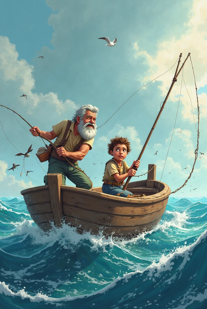 Fisherman with his children in the boat on the high seas, they are happy because they have many fish.
